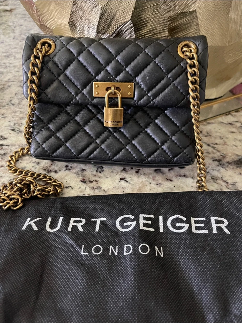 Kurt Geiger Black Quilted Leather Crossbody with Gold Chain